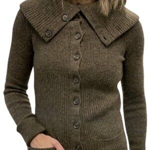 Vince Sz M/L Merino Wool/baby Alpaca Brown Cardigan Sweater Ribbed Button Collar